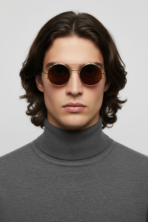 Clean-shaven man with small round sun clips