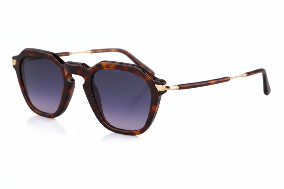 Sunglasses with tortoiseshell frame and dark lenses on a white background
