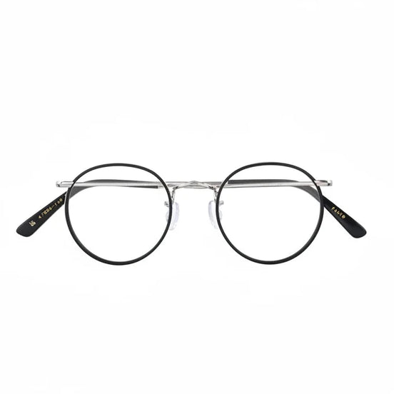 Round eyeglasses with black frames on a white background