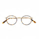 Round eyeglasses with gold frame and tortoiseshell accents on a white background