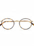 Round eyeglasses with gold frame and tortoiseshell accents on a white background