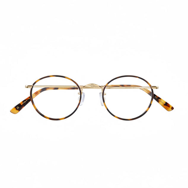 Round eyeglasses with gold frame and tortoiseshell accents on a white background