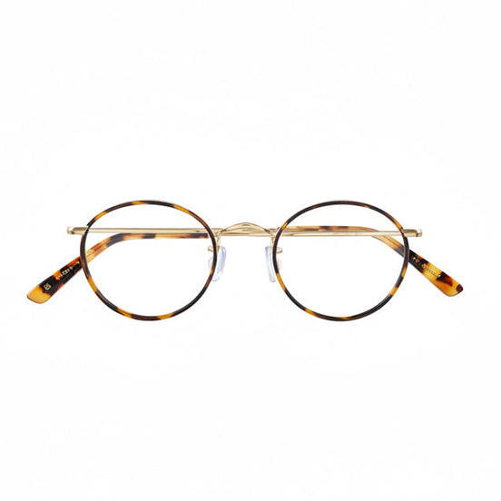 Round eyeglasses with gold frame and tortoiseshell accents on a white background
