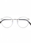 Round eyeglasses with black arms on a white background