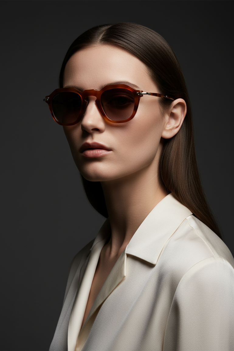 Elegant woman in studio editorial wearing Chestnut Bloomsbury frames