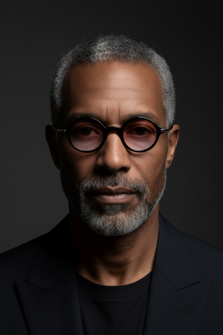 Fresh portrait of distinguished mixed race man face-on wearing Bond Black frames